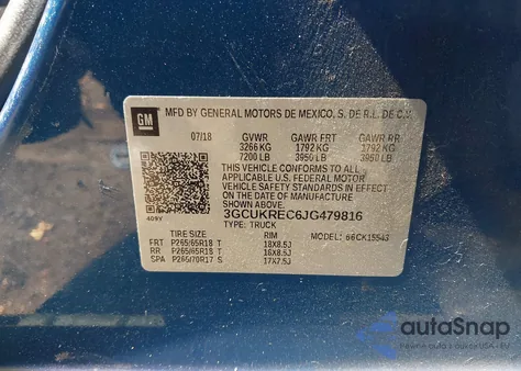 2018 Chevrolet Silverado 1500 2Lt из США, поврежденный, VIN 3GCUKREC6JG479816